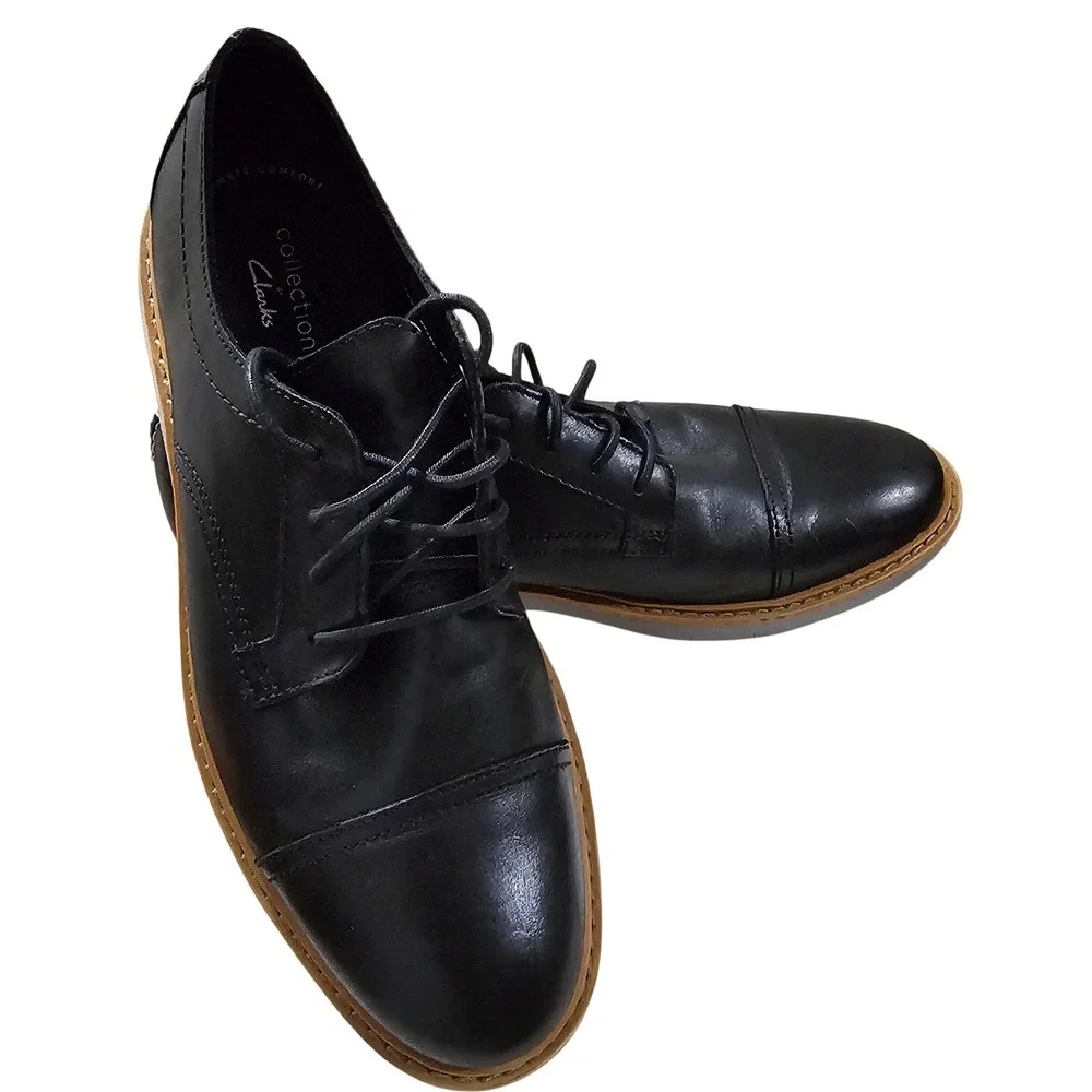 Clarks Collection Mens Black Leather Cap Toe Oxford Dress Shoes Size 8.5